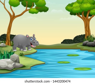 Animal hippo cartoon wants to swim in a lake