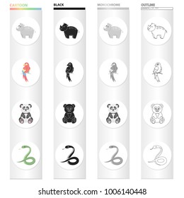 Animal hippopotamus, bamboo bear koala, parrot, poisonous snake. Animals set collection icons in cartoon black monochrome outline style vector symbol stock illustration web.