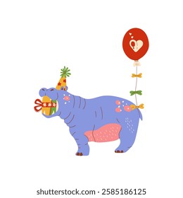 Animal hippopotamus  carries gift for birthday