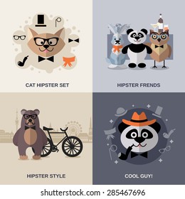 Animal hipster design concept set cool characters flat icons isolated vector illustration