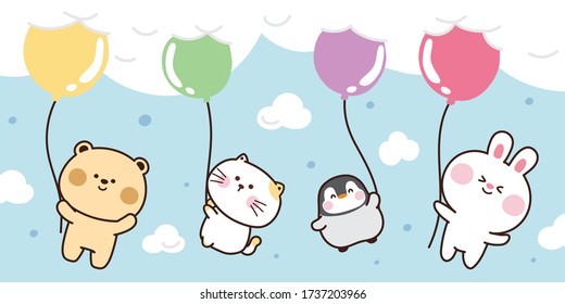 Animal holding colorful balloon on blue sky background.Cute cartoon hand drawn.Bear,cat,penguin,rabbit.Kawaii.Vector.Illustration.