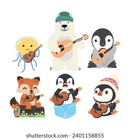 Juego de caricaturas de guitarra con animales