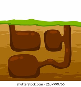 Animal hole and burrow. Scheme of hiding insects and rodents, mice in ground. Tunnels in ground. Underground background. Flat design