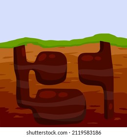 Animal hole and burrow. Scheme of hiding insects and rodents, mice in ground. Tunnels in ground. Underground background. Flat design