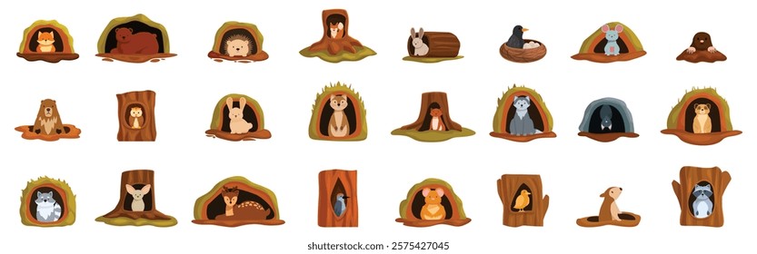  Animal holes icons set. Collection of diverse wild animals taking refuge in burrows, nests, and tree hollows, showcasing their natural habitats