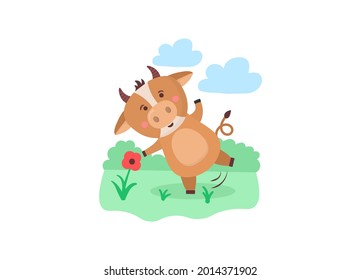 Animal holidays cartoon character. Children's new calendar for 2021 - year of ox. Animal bull 2021, cow chinese year, oriental cattle. Funny cute  spotted cows on white background. Vector illustration