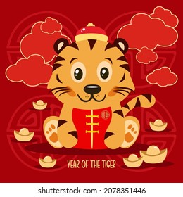 Animal holidays cartoon character tiger red background. Happy Chinese New Year 2022. Year of the tiger.