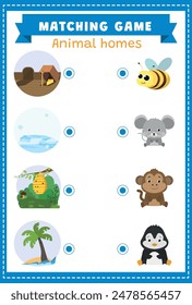 Animal homes. Where do these animals live? Find animal homes. Educational children game. Matching game worksheet for kids.