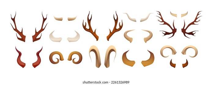 Animal horns. Cartoon bones hunter trophy, pairs of ram cow deer moose antlers flat style, wildlife decoration concept. Vector isolated set. Reindeer, antelope mammal elements collection