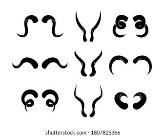 Animal horns flat illustration set. Different black ram, sheep, bull, antelope and goat big horns vector illustration collection. Head decoration and design element concept