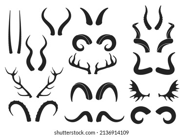 Animal horns silhouettes, antelope, ram, goat, buffalo horn. Deer antlers, hunting trophy, wild animals horn and antler silhouette vector set. Curled big and small horns of different shapes