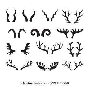 Animal Horns Silhouettes, Antelope, Ram, Goat, Buffalo Horn. Deer Antlers, Hunting Trophy, Wild Animals Horn And Antler Silhouette Vector Set.