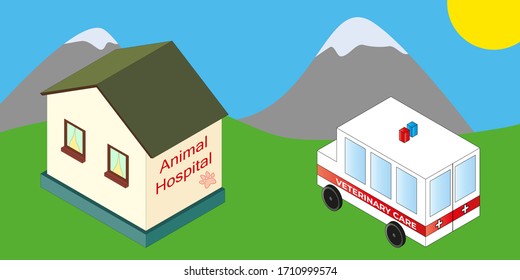 Animal hospital and ambulance veterinary care in a picturesque place in the mountains. Vector illustration banner for veterinary medicine. Caring clinic in mountains. Help animals without borders.