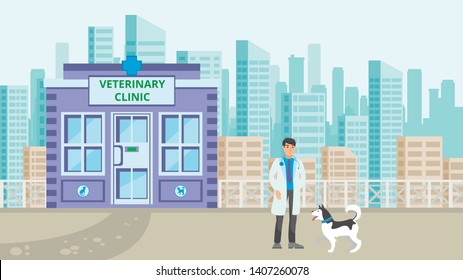 Animal Hospital in Cityscape Flat illustration. Veterinary Clinic Building. Cartoon Veterinarian with Stethoscope and Husky Character. Pet Assistance Horizontal Drawing. Vet Clinic Presentation