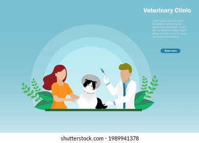 Animal hospital, veterinary clinic or cat and dog vaccination concept. Veterinarian doctor holding syringe with collar cone cat and woman owner. 