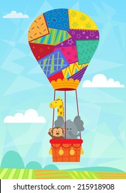 Animal In Hot Air Balloon - Baby Animals In A Quilted Hot Air Balloon. Eps10