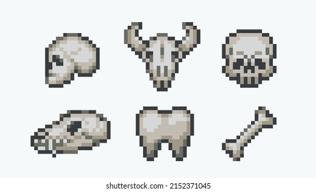 Animal and human skulls pixel art set. Different bones collection. 8 bit sprite. Game development, mobile app.  Isolated vector illustration.