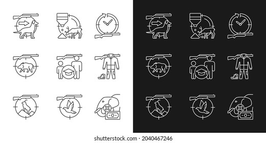 Animal hunter linear icons set for dark and light mode. Dog handler. Pigeon shooting. Illegal animal trade. Customizable thin line symbols. Isolated vector outline illustrations. Editable stroke