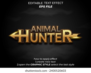 efecto de texto de cazador de animales, fuente editable, tipografía, texto 3d para fantasía medieval y juegos rpg. plantilla de vector