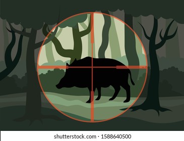 Animal hunting, depicts hunting wild boar, forest clearing on which stands the boar in which the hunter is aiming, vector flat illustration