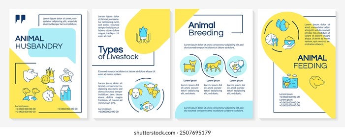 Plantilla de folleto azul y amarillo de cría de animales. Diseño de folleto con iconos lineales. 4 diseños de Vector editables para presentación, informes anuales