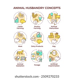 Animal husbandry multi color concept icons. Poultry farming, cattle forage. Welfare, biotechnology. Icon pack. Vector images. Round shape illustrations for infographic, presentation. Abstract idea