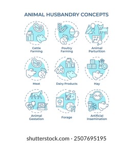 Animal husbandry soft blue concept icons. Poultry farming, cattle forage. Welfare, biotechnology. Icon pack. Vector images. Round shape illustrations for infographic, presentation. Abstract idea