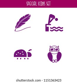 animal icon. 4 animal set with ladybug, diving, feather and bird vector icons for web and mobile app