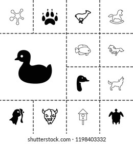 Animal icon. collection of 13 animal filled and outline icons such as goose, duck, antelope, goat, turkey, paw, horse, wolf, fish. editable animal icons for web and mobile.