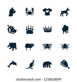Animal icon. collection of 16 animal filled icons such as octopus, buffalo, hippopotamus, chicken leg, meat, dolphin, udder, bear. editable animal icons for web and mobile.