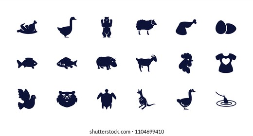 Animal icon. collection of 18 animal filled icons such as bear, fish, kangaroo, rooster, hippopotamus, goose, bird. editable animal icons for web and mobile.