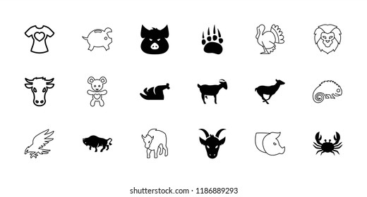 Animal icon. collection of 18 animal filled and outline icons such as pig, crab, buffalo, antelope, cow, t-shirt with heart, goat. editable animal icons for web and mobile.