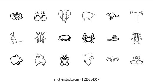 Animal icon. collection of 18 animal outline icons such as panther, crab, cangaroo, hippopotamus, teddy bear, meat, dinosaur, beetle. editable animal icons for web and mobile.