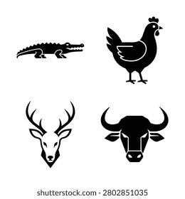 Animal icon collection with walking crocodile, standing chicken, antlered deer head and horned buffalo face in bold black silhouette style