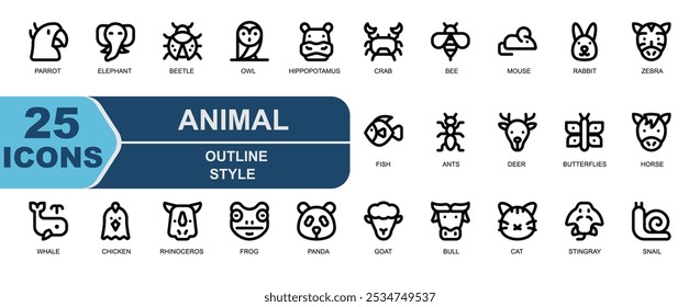 colección de iconos de animales. Estilo de contorno simple. Contiene pájaro, loro, elefante, marfil, escarabajo, búho, hipopótamo, cangrejo, abeja, ratón, roedor y muchos más.
