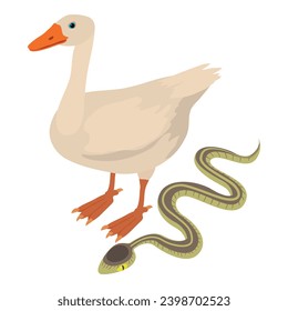 Animal icon isometric vector. Big white goose animal near crawling gray snake. Biological diversity concept