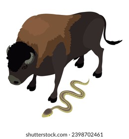 Animal icon isometric vector. Huge brown bison near crawling gray snake icon. Biological diversity concept