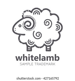Animal icon with lamb in flat linear ethnic style. Monochrome, isolated. Grunge texture