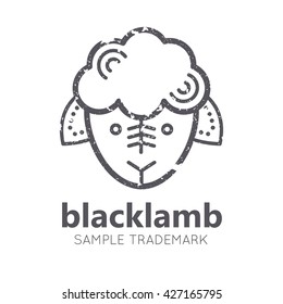 Animal icon with lamb in flat linear ethnic style. Monochrome, isolated. Grunge texture