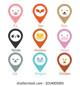 Animal icon logo set, head vector location, pig, fox, bear, panda, chicken, monkey, hippopotamus, cat, penguin illustration