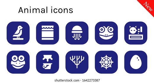 animal icon set. 10 filled animal icons.  Simple modern icons such as: Bird, Honey, Jellyfish, Frog, Meow, Milk, Coral, Spider web, Egg