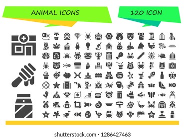  animal icon set. 120 filled animal icons. Simple modern icons about  - Veterinary, Milk, Honey, Extending leads, Hamster wheel, Coral, Insect, Dragon, Fried egg, Hamster, Panda bear