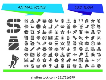 animal icon set. 120 filled animal icons.  Simple modern icons about  - Worm, Parrot, Milk, Hamster wheel, Circus, Chicken leg, Frog, Eggs, Bird, Egg, Magician, Headband, Hermit crab