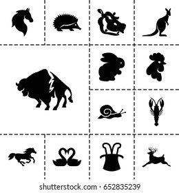 Animal icon. set of 13 filled animalicons such as rabbit, hedgehog, crab, buffalo, horse, rooster, deer, kangaroo, hippopotamus, snail, swan heart