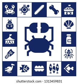 animal icon set. 17 filled animal icons.  Collection Of - Crab, Hamster, Circus, Fins, Seashell, Milk, Spider, Flamingo, Turtle, Fish, Centipede, Eggs, Bone