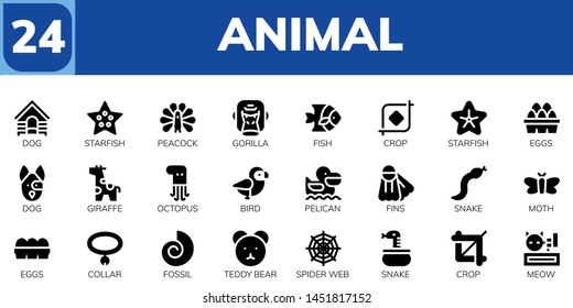 animal icon set. 24 filled animal icons.  Collection Of - Dog, Starfish, Peacock, Gorilla, Fish, Crop, Eggs, Giraffe, Octopus, Bird, Pelican, Fins, Snake, Moth, Collar, Fossil
