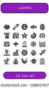  animal icon set. 25 filled animal icons. Simple modern icons about  - Piggy bank, Fishbone, Fishbowl, Fish, Egg, Koala, Snake, Starfish, Fossil, Peacock, Hamster, Totem, Bird cage