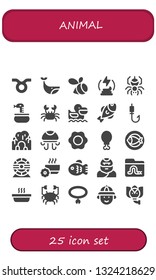 animal icon set. 25 filled animal icons.  Simple modern icons about  - Taurus, Whale, Swarm, Manure, Spider, Snake, Crab, Pelican, Fish, Fishing rod, Cave, Jellyfish, Fried egg