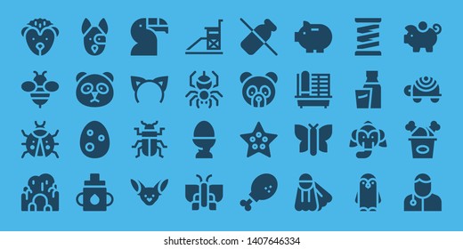 animal icon set. 32 filled animal icons. on blue background style Simple modern icons about  - Hedgehog, Bee, Ladybug, Cave, Dog, Panda, Egg, Feeder, Toucan, Headband, Beetle