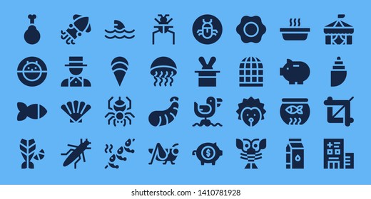 animal icon set. 32 filled animal icons. on blue background style Simple modern icons about  - Chicken, Hamster ball, Fish, Squid, Magician, Shell, Grasshopper, Shark, Clam, Spider